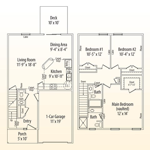Floor plan for 3 beds, 2.5 baths, 1411 sqft