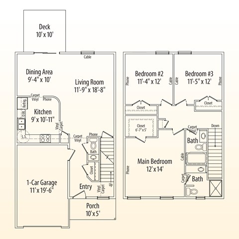Floor plan for 3 beds, 2.5 baths, 1432 sqft