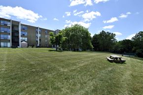 Ann Arbor apartment for rent - A large grassy field with a picnic table and apartment buildings in the background.