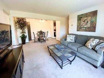 Elyria apartment for rent - A living room with a grey couch and a glass coffee table.