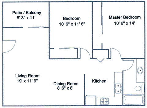 Floor plan for 2 beds, 1 bath, 925 sqft