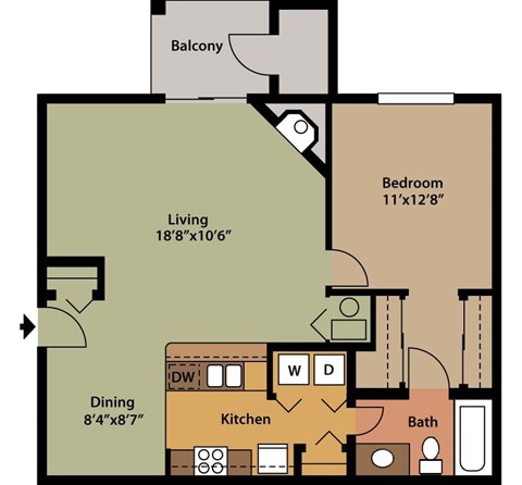 Floor plan for 1 bed, 1 bath, 820 sqft