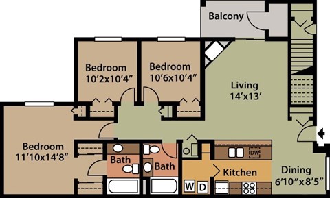 Floor plan for 3 beds, 2 baths, 1270 sqft
