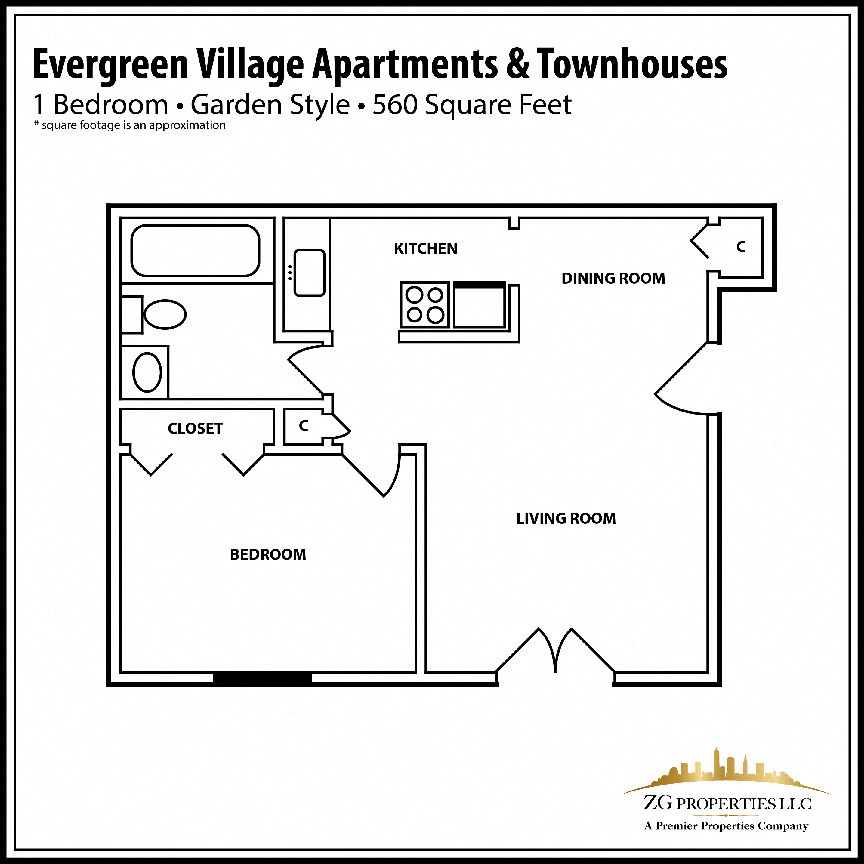Floor plan for 1 bed, 1 bath, 560 sqft
