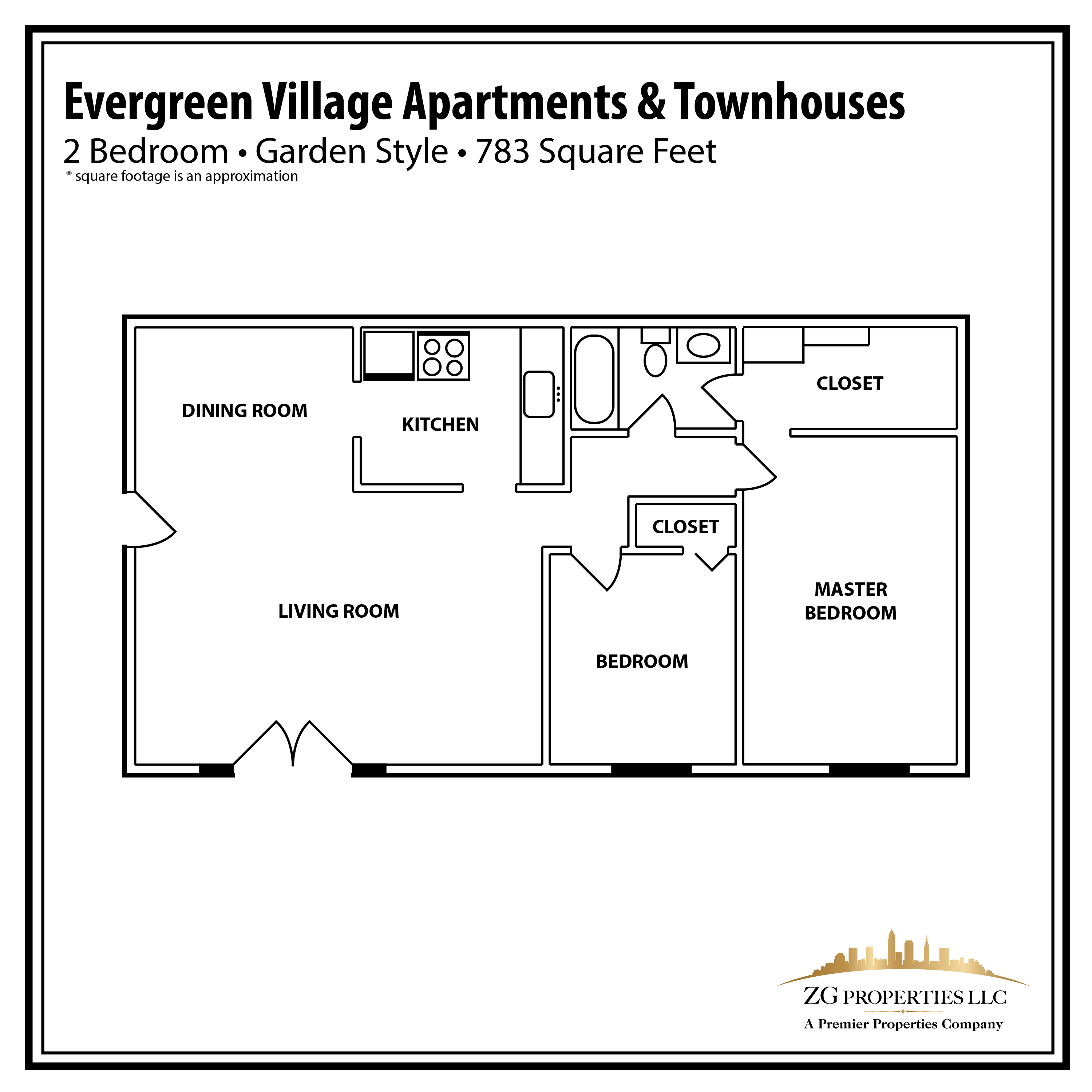 Floor plan for 2 beds, 1 bath, 783 sqft