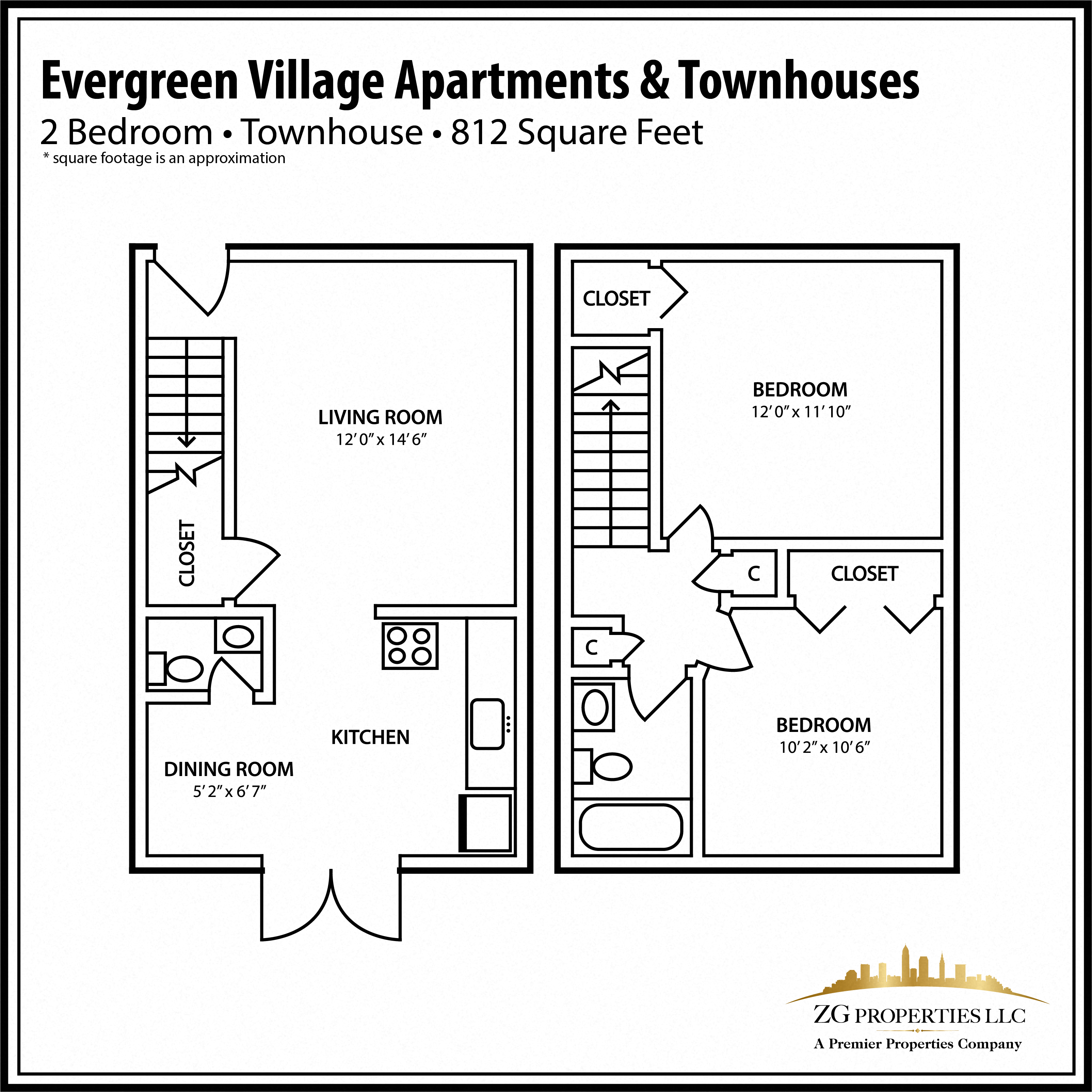 Floor plan for 2 beds, 1.5 baths, 812 sqft