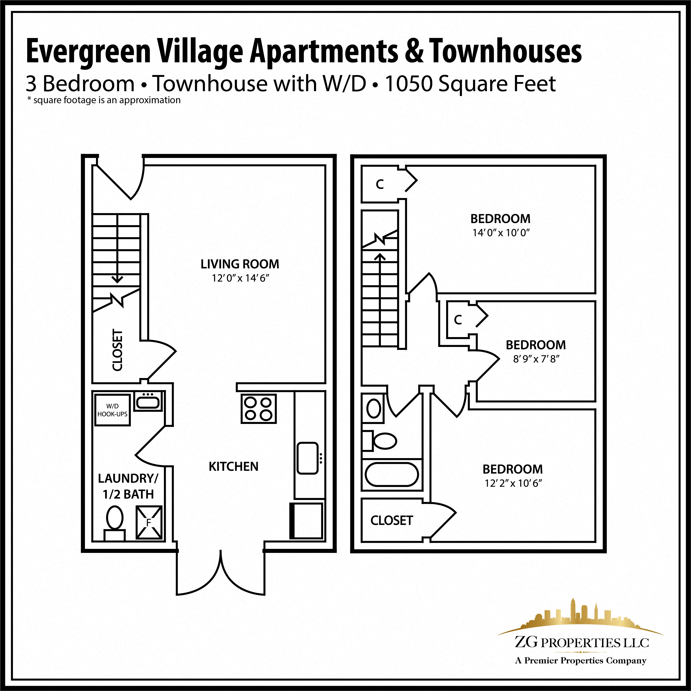 Floor plan for 3 beds, 1.5 baths, 1050 sqft