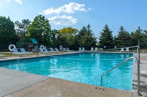 Copley apartment for rent - A large swimming pool surrounded by trees and lounge chairs.