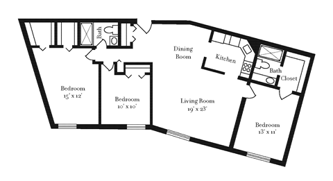 Floor plan for 3 beds, 2 baths, 1100 sqft