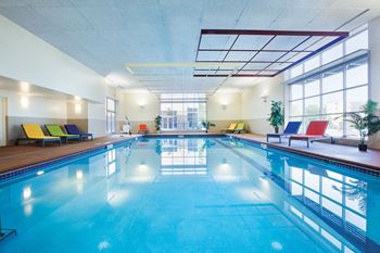 A large indoor swimming pool with lounge chairs and plants.