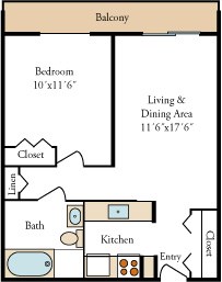 Floor plan for 1 bed, 1 bath, 633 sqft