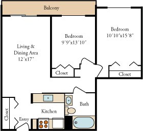 Floor plan for 2 beds, 1 bath, 680 sqft