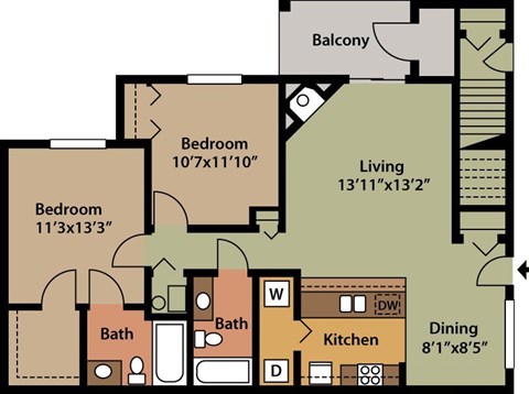Floor plan for 2 beds, 2 baths, 1110 sqft
