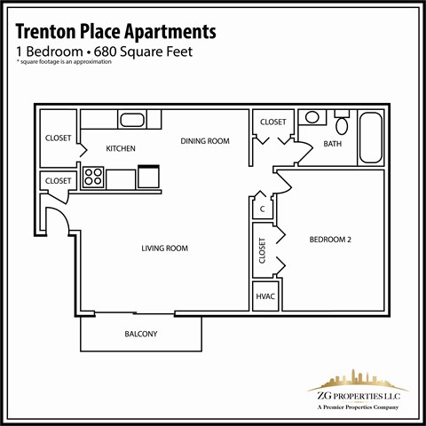 Floor plan for 1 bed, 1 bath, 680 sqft