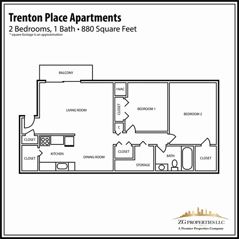 Floor plan for 2 beds, 1 bath, 880 sqft