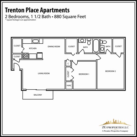Floor plan for 2 beds, 1.5 baths, 880 sqft