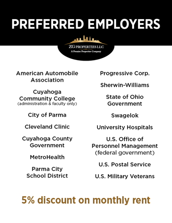 A list of preferred employers is displayed with a 5% discount on monthly rent.