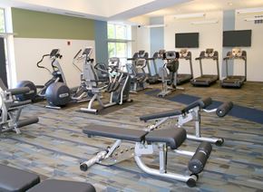 Parma apartment for rent - A gym with a variety of equipment including treadmills, stationary bikes, and weight benches at Hummingbird Pointe & The Gardens, Parma, OH 44129