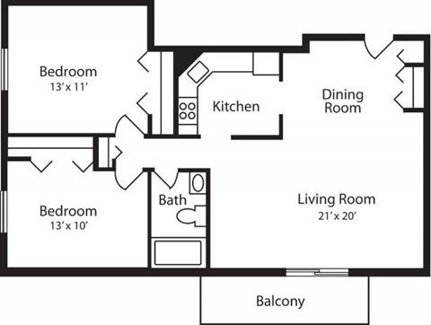 Floor plan for 2 beds, 1 bath, 900 sqft