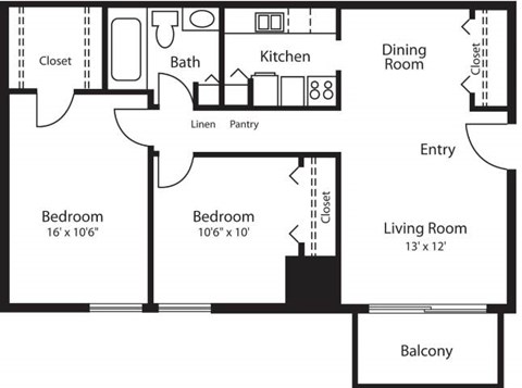Floor plan for 2 beds, 1 bath, 750 sqft