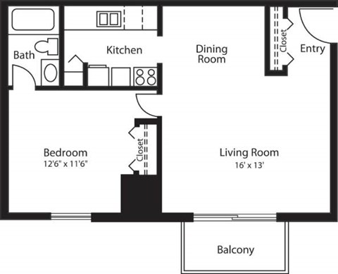 Floor plan for 1 bed, 1 bath, 579 sqft
