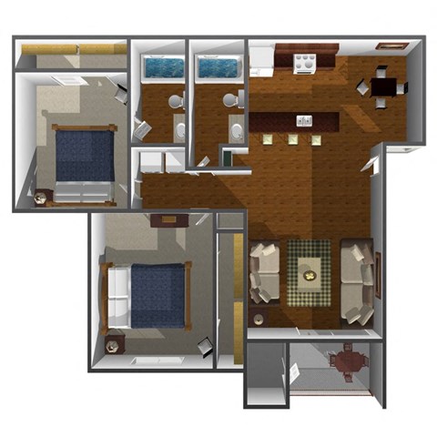 Floor plan for 2 beds, 2 baths, 950 sqft