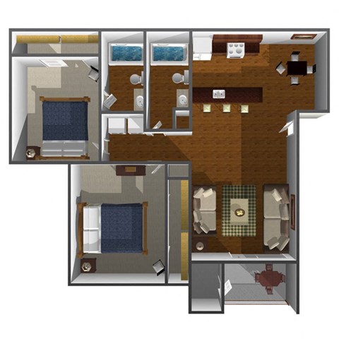 Floor plan for 2 beds, 2 baths, 1000 sqft