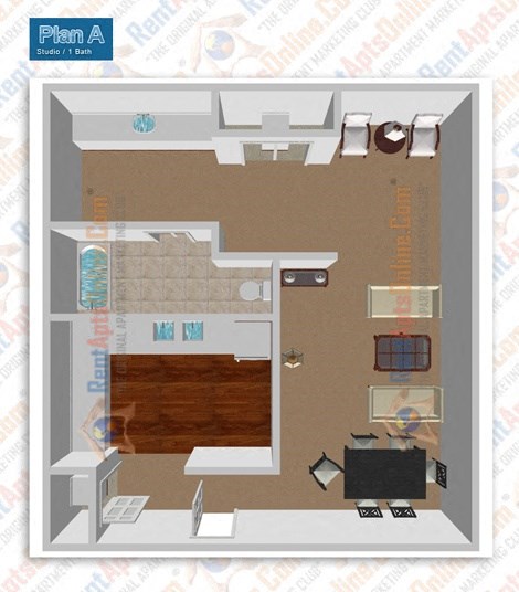 Floor plan for studio, 1 bath, 545 sqft