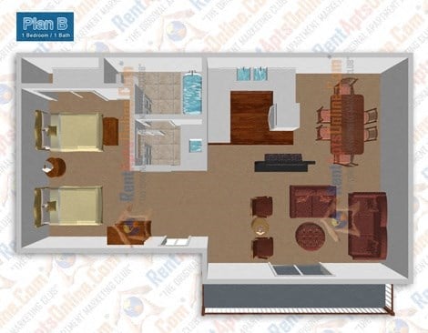 Floor plan for 1 bed, 1 bath, 720 sqft