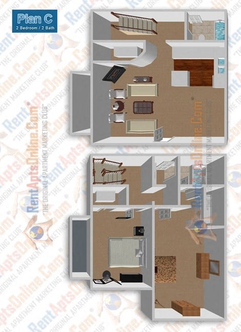 Floor plan for 2 beds, 1.5 baths, 1075 sqft