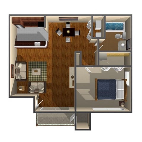 Floor plan for 1 bed, 1 bath, 676 sqft