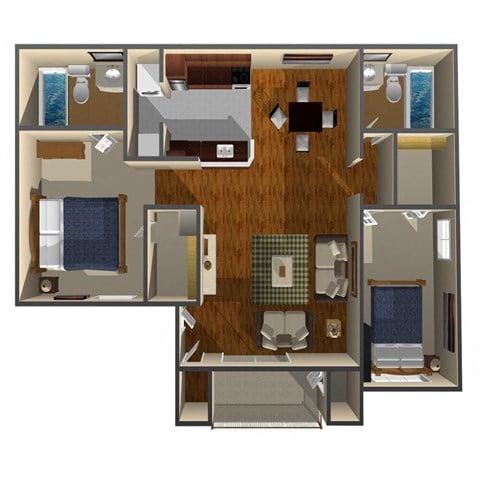 Floor plan for 2 beds, 2 baths, 1030 sqft