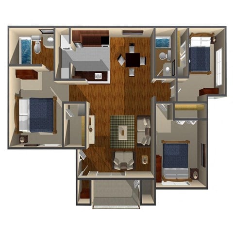 Floor plan for 3 beds, 2 baths, 1113 sqft
