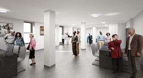 New York apartment for rent - A group of people are standing in a modern hallway.