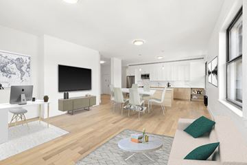 New York apartment for rent - a living room with a couch and a table with chairs