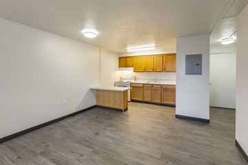 East Cleveland apartment for rent - A kitchen area with wooden cabinets and a countertop.