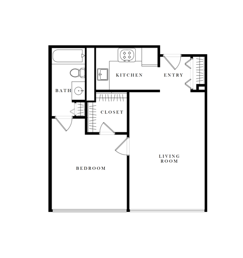 Floor plan for 1 bed, 1 bath, 650 sqft