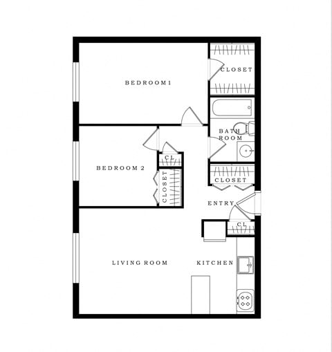 Floor plan for 2 beds, 1 bath, 661 sqft
