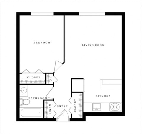 Floor plan for 1 bed, 1 bath, 493 sqft