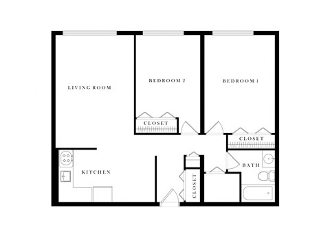 Floor plan for 2 beds, 1 bath, 858 sqft