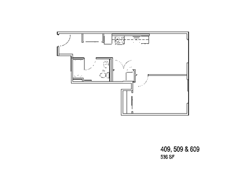 Floor plan for 1 bed, 1 bath, 573 sqft