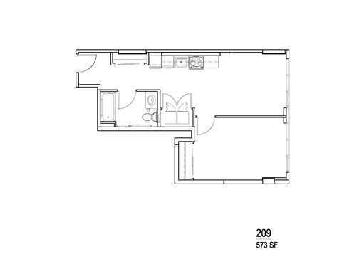 Floor plan for 1 bed, 1 bath, 573 sqft