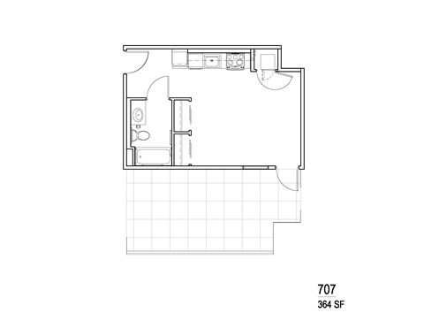 Floor plan for studio, 1 bath, 364 sqft