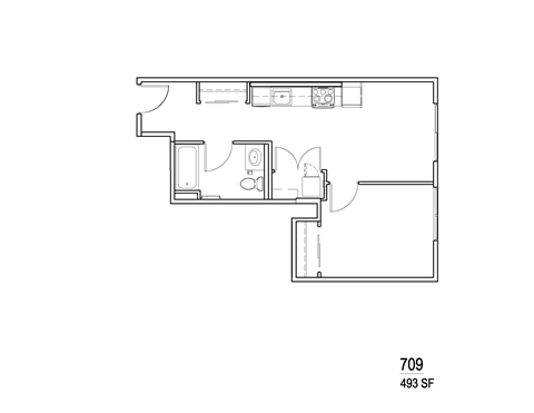 Floor plan for 1 bed, 1 bath, 493 sqft