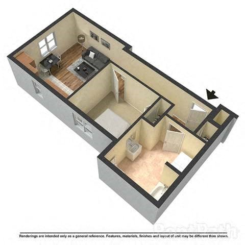 Floor plan for 1 bed, 1 bath, 634 sqft