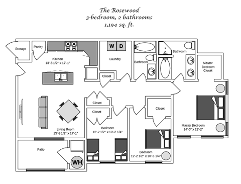 Floor plan for 3 beds, 2 baths, 1194 sqft
