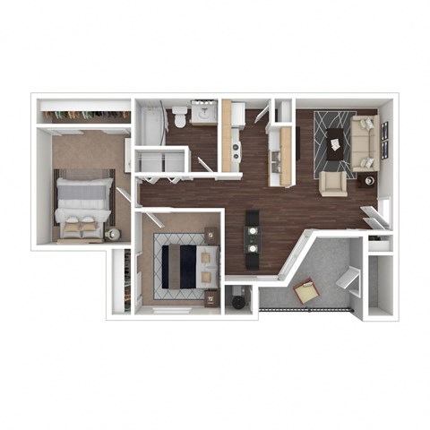 Floor plan for 2 beds, 1 bath, 796 sqft