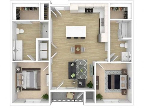 Floor plan for 2 beds, 2 baths, 939 sqft