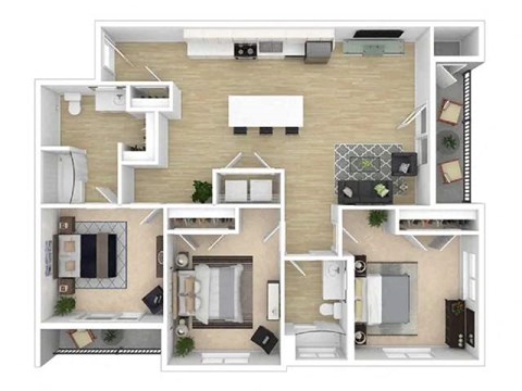 Floor plan for 3 beds, 2 baths, 1161 sqft