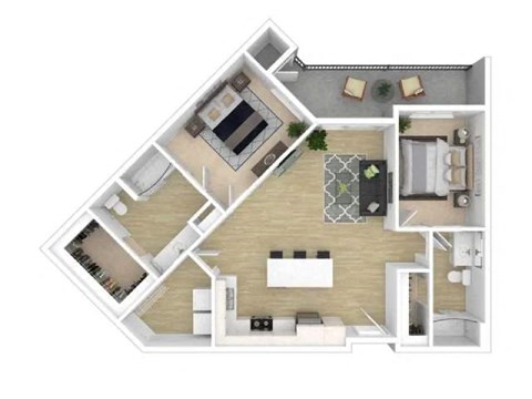 Floor plan for 2 beds, 2 baths, 1075 sqft